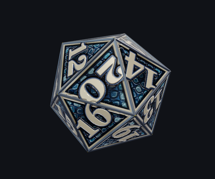 Dragon Scale Blue D20 rendered from the game model