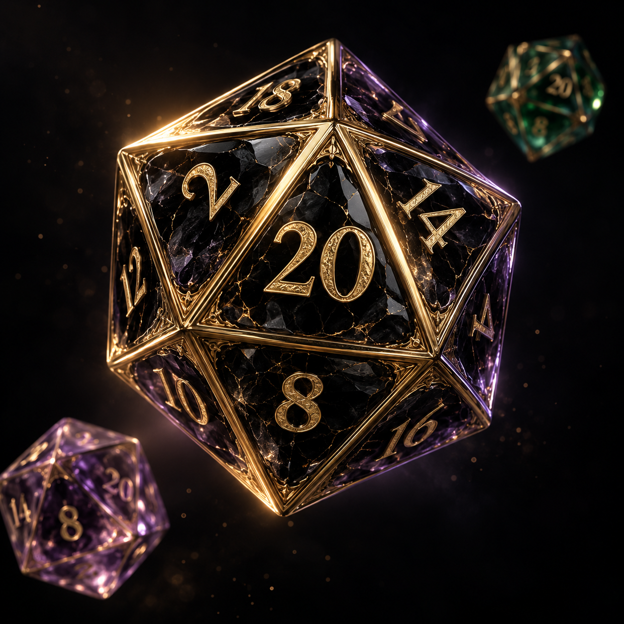A sculptural black obsidian D20 with gold edges, accompanied by amethyst and emerald dice